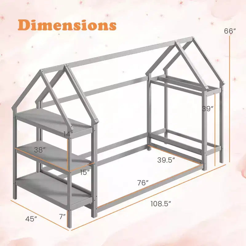 Lit cabane double Costway Montessori au sol avec étagères de rangement détachables Gris/Blanc