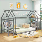 Lit cabane double Costway Montessori au sol avec étagères de rangement détachables Gris/Blanc