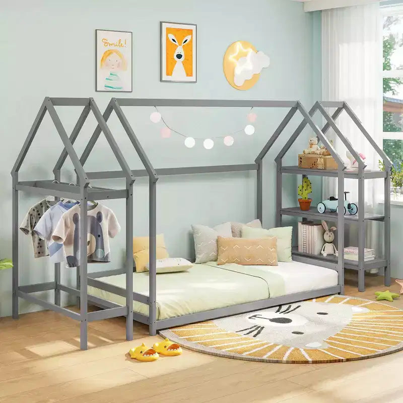Lit cabane double Costway Montessori au sol avec étagères de rangement détachables Gris/Blanc