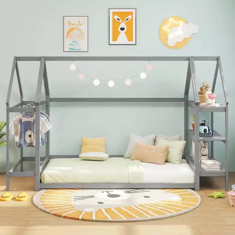 Lit cabane double Costway Montessori au sol avec étagères de rangement détachables Gris/Blanc