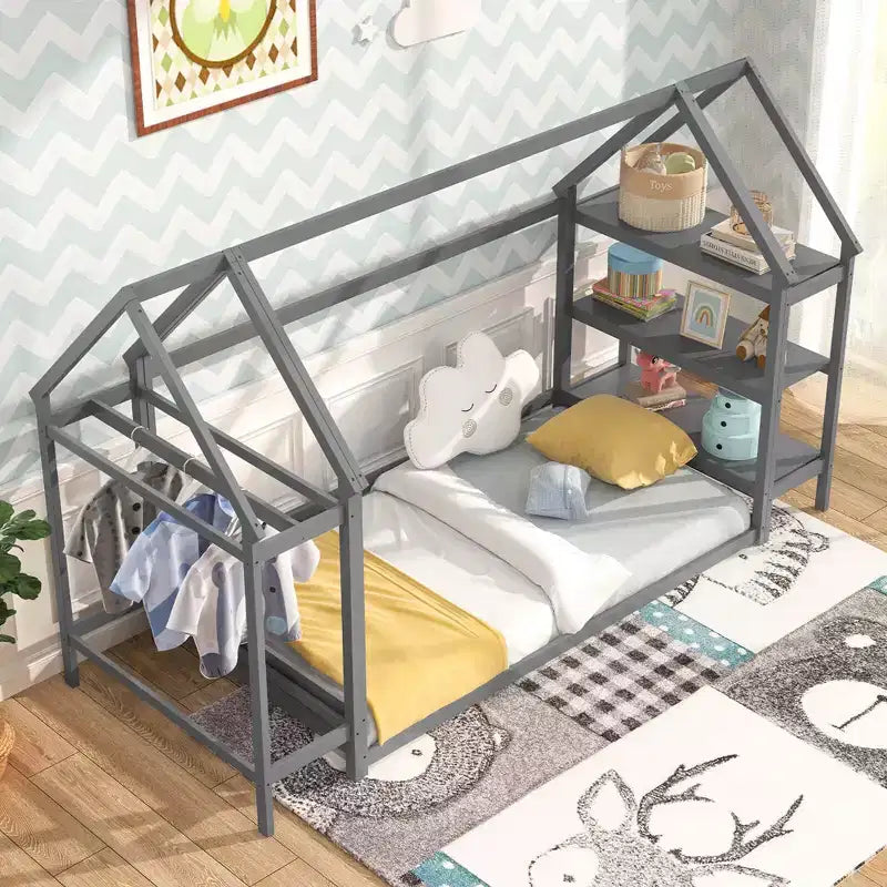 Lit cabane double Costway Montessori au sol avec étagères de rangement détachables Gris/Blanc