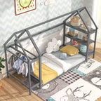 Lit cabane double Costway Montessori au sol avec étagères de rangement détachables Gris/Blanc
