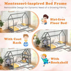 Lit cabane double Costway Montessori au sol avec étagères de rangement détachables Gris/Blanc