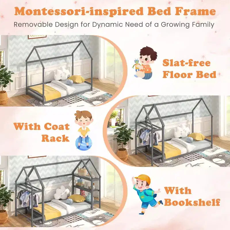 Lit cabane double Costway Montessori au sol avec étagères de rangement détachables Gris/Blanc
