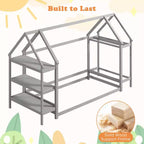 Lit cabane double Costway Montessori au sol avec étagères de rangement détachables Gris/Blanc