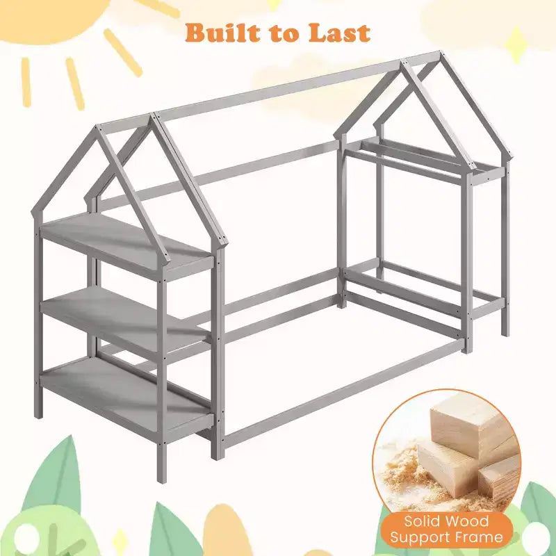 Lit cabane double Costway Montessori au sol avec étagères de rangement détachables Gris/Blanc