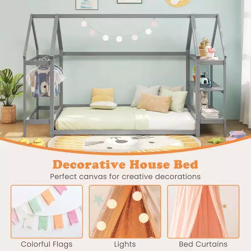Lit cabane double Costway Montessori au sol avec étagères de rangement détachables Gris/Blanc