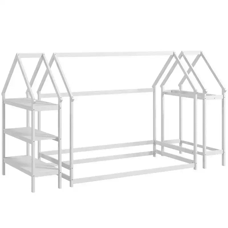 Lit cabane double Costway Montessori au sol avec étagères de rangement détachables Gris/Blanc