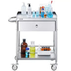 Chariot médical VEVOR, chariot en acier inoxydable à 2 niveaux, capacité de charge de 100 kg, chariot de laboratoire avec roues silencieuses à 360° et un tiroir