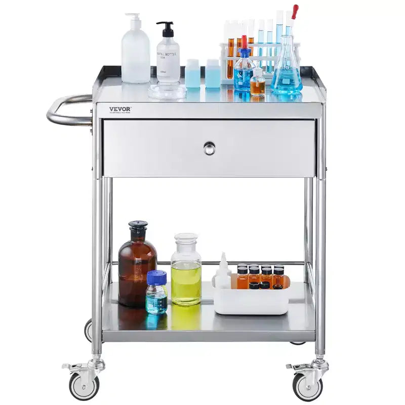 Chariot médical VEVOR, chariot en acier inoxydable à 2 niveaux, capacité de charge de 100 kg, chariot de laboratoire avec roues silencieuses à 360° et un tiroir