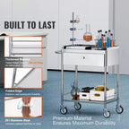 Chariot médical VEVOR, chariot en acier inoxydable à 2 niveaux, capacité de charge de 100 kg, chariot de laboratoire avec roues silencieuses à 360° et un tiroir