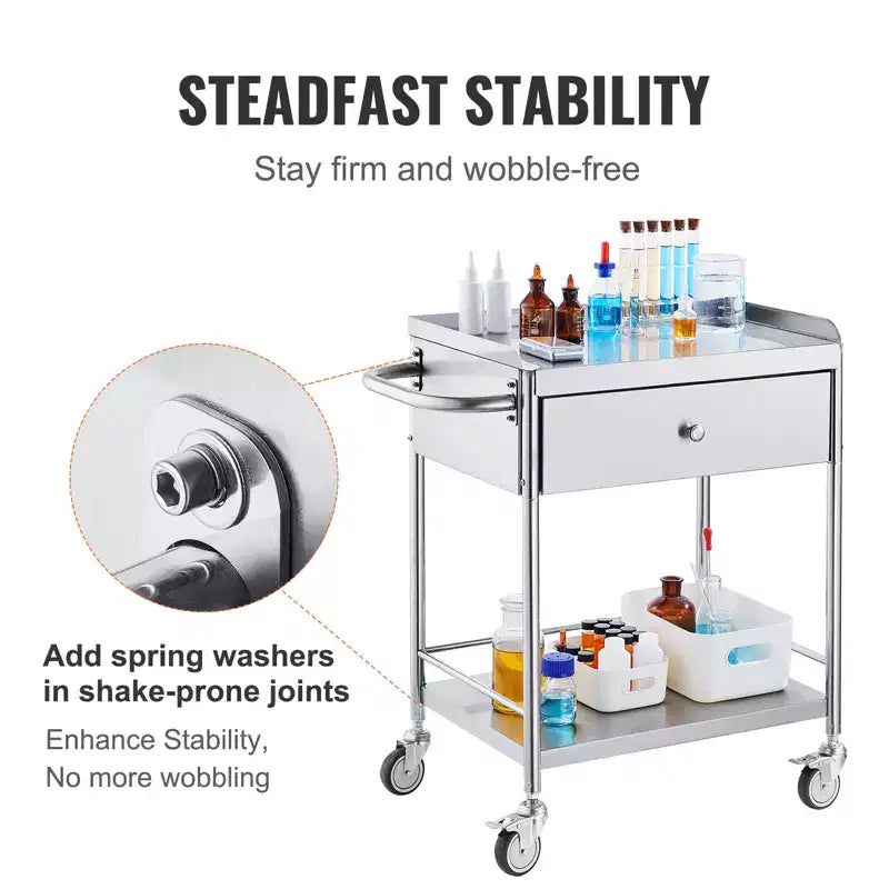 Chariot médical VEVOR, chariot en acier inoxydable à 2 niveaux, capacité de charge de 100 kg, chariot de laboratoire avec roues silencieuses à 360° et un tiroir