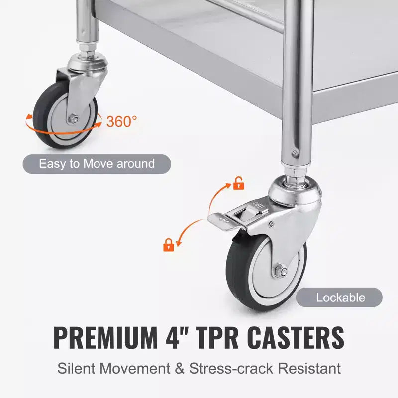 Chariot médical VEVOR, chariot en acier inoxydable à 2 niveaux, capacité de charge de 100 kg, chariot de laboratoire avec roues silencieuses à 360° et un tiroir