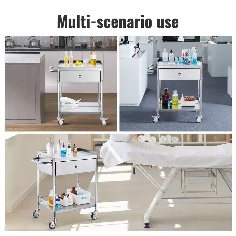 Chariot médical VEVOR, chariot en acier inoxydable à 2 niveaux, capacité de charge de 100 kg, chariot de laboratoire avec roues silencieuses à 360° et un tiroir