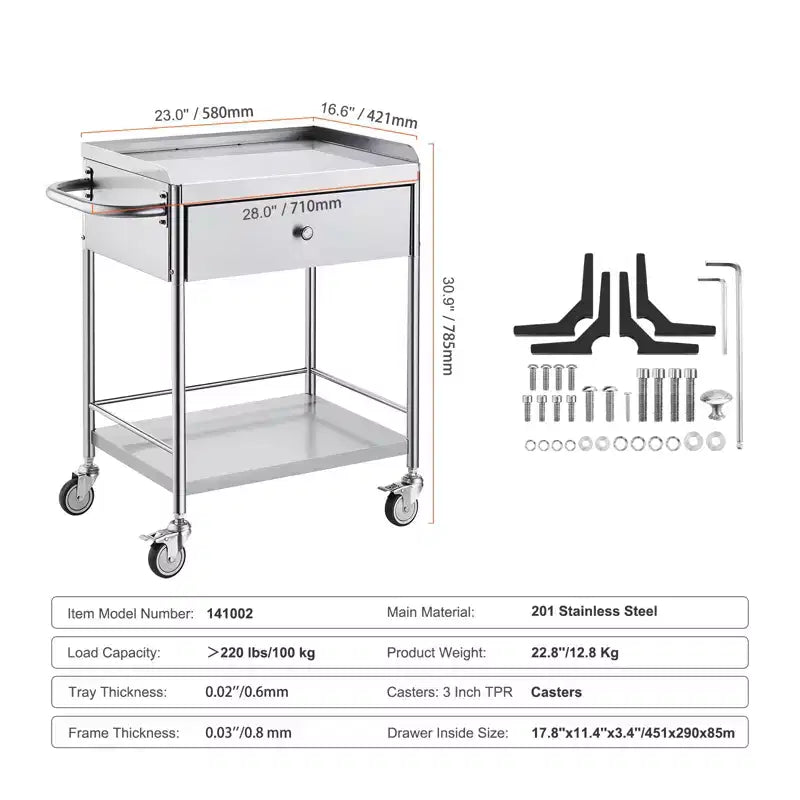 Chariot médical VEVOR, chariot en acier inoxydable à 2 niveaux, capacité de charge de 100 kg, chariot de laboratoire avec roues silencieuses à 360° et un tiroir