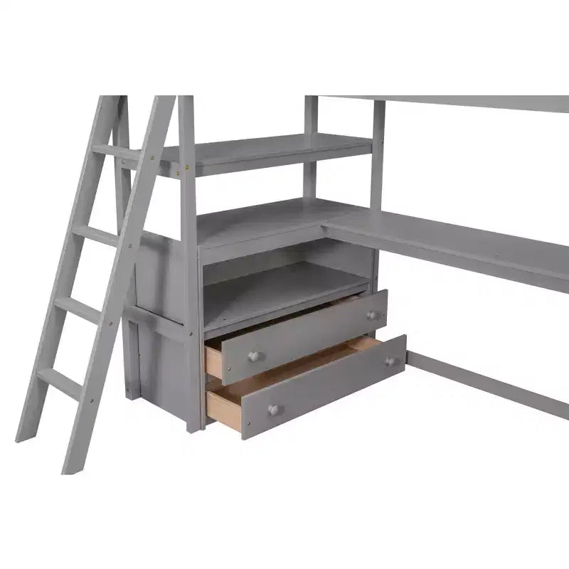 Lit mezzanine double/grand format avec bureau et étagères, cadre de lit mezzanine en bois de pin avec deux tiroirs intégrés - ModernLuxe