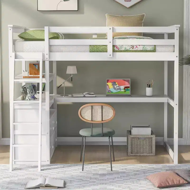 Lit mezzanine double/grand format avec bureau et étagères, cadre de lit mezzanine en bois de pin avec deux tiroirs intégrés - ModernLuxe