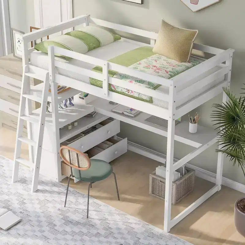 Lit mezzanine double/grand format avec bureau et étagères, cadre de lit mezzanine en bois de pin avec deux tiroirs intégrés - ModernLuxe