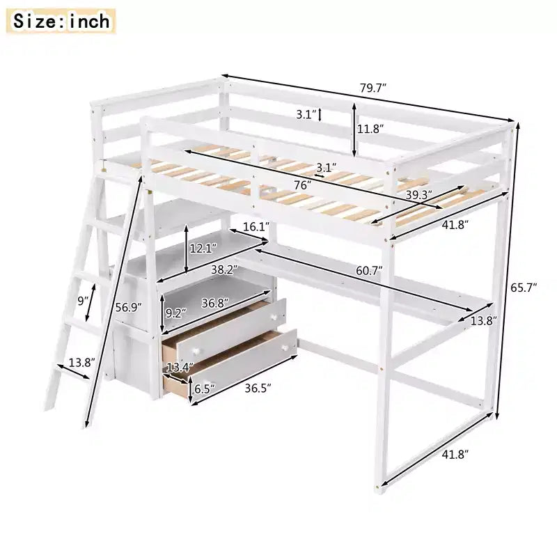 Lit mezzanine double/grand format avec bureau et étagères, cadre de lit mezzanine en bois de pin avec deux tiroirs intégrés - ModernLuxe