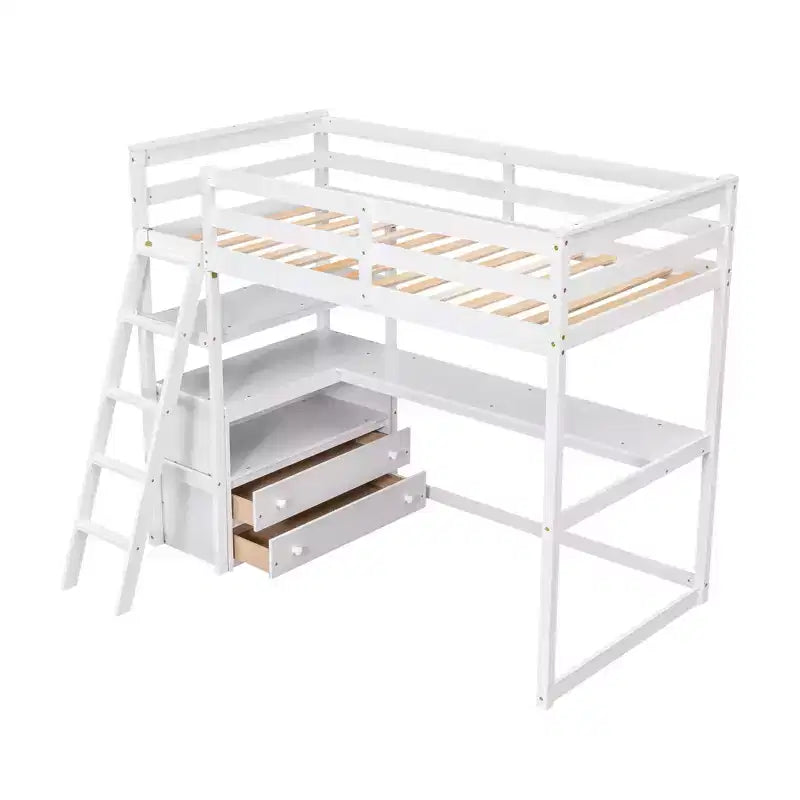 Lit mezzanine double/grand format avec bureau et étagères, cadre de lit mezzanine en bois de pin avec deux tiroirs intégrés - ModernLuxe