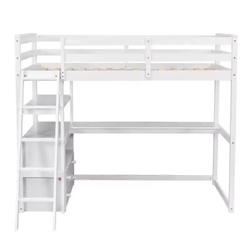 Lit mezzanine double/grand format avec bureau et étagères, cadre de lit mezzanine en bois de pin avec deux tiroirs intégrés - ModernLuxe