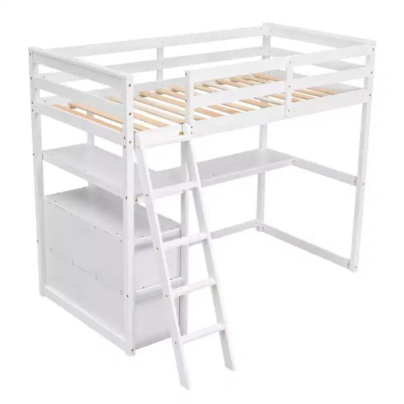 Lit mezzanine double/grand format avec bureau et étagères, cadre de lit mezzanine en bois de pin avec deux tiroirs intégrés - ModernLuxe