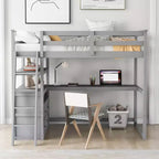 Lit mezzanine double/grand format avec bureau et étagères, cadre de lit mezzanine en bois de pin avec deux tiroirs intégrés - ModernLuxe
