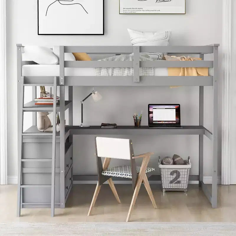 Lit mezzanine double/grand format avec bureau et étagères, cadre de lit mezzanine en bois de pin avec deux tiroirs intégrés - ModernLuxe