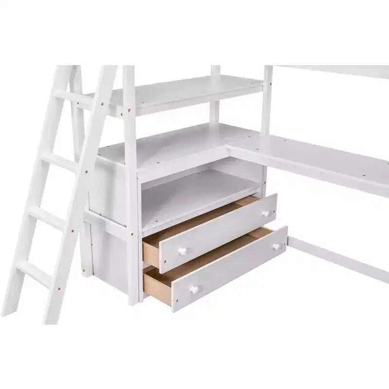 Lit mezzanine double/grand format avec bureau et étagères, cadre de lit mezzanine en bois de pin avec deux tiroirs intégrés - ModernLuxe