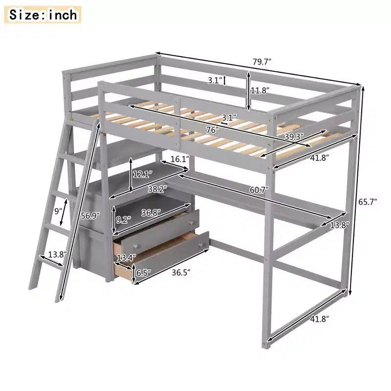 Lit mezzanine double/grand format avec bureau et étagères, cadre de lit mezzanine en bois de pin avec deux tiroirs intégrés - ModernLuxe
