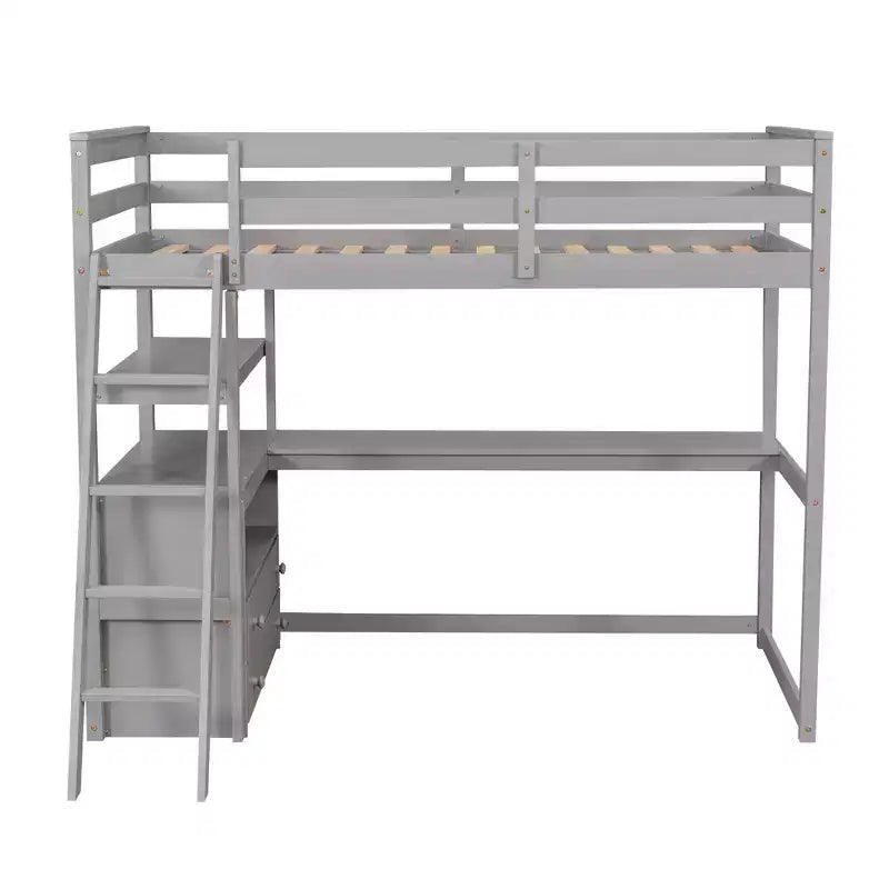 Lit mezzanine double/grand format avec bureau et étagères, cadre de lit mezzanine en bois de pin avec deux tiroirs intégrés - ModernLuxe