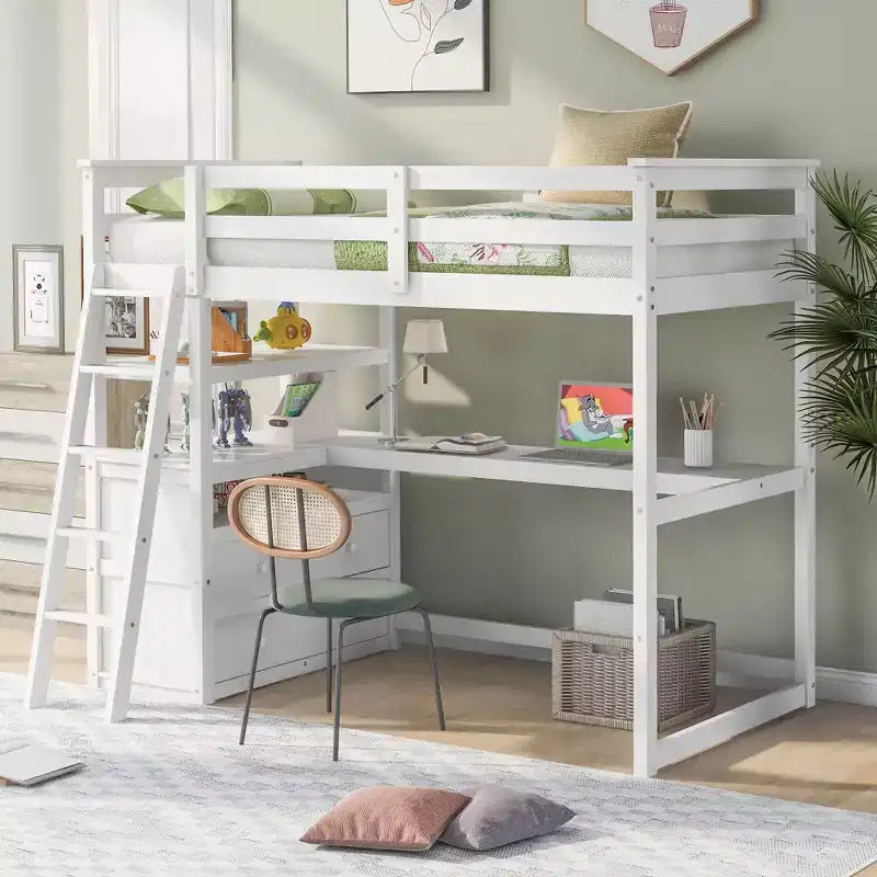 Lit mezzanine double/grand format avec bureau et étagères, cadre de lit mezzanine en bois de pin avec deux tiroirs intégrés - ModernLuxe