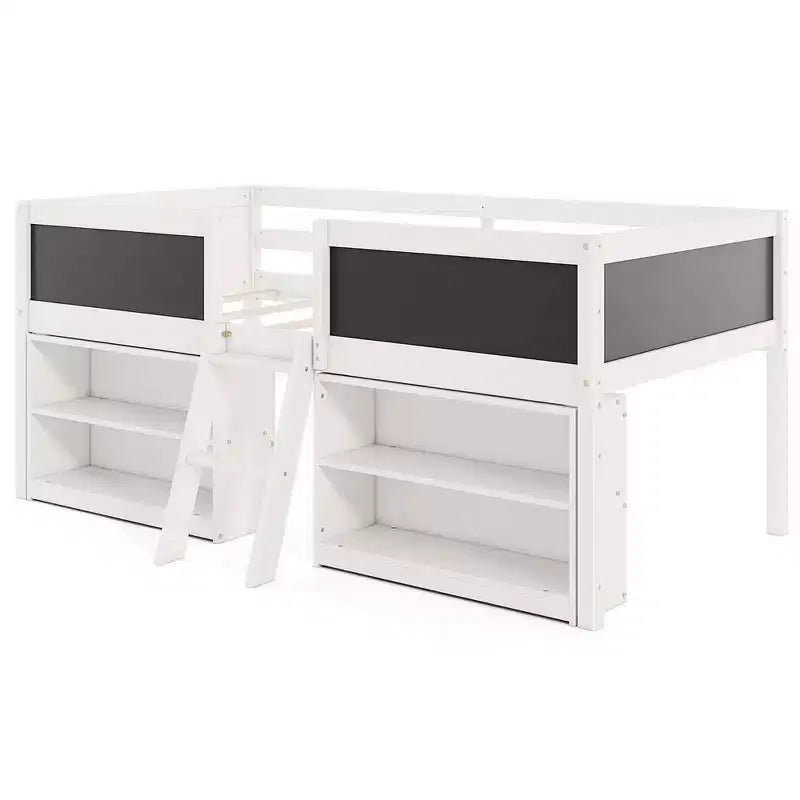 Lit mezzanine bas Costway double avec échelle-rampe et bibliothèques, barrière de sécurité pleine longueur, blanc/gris