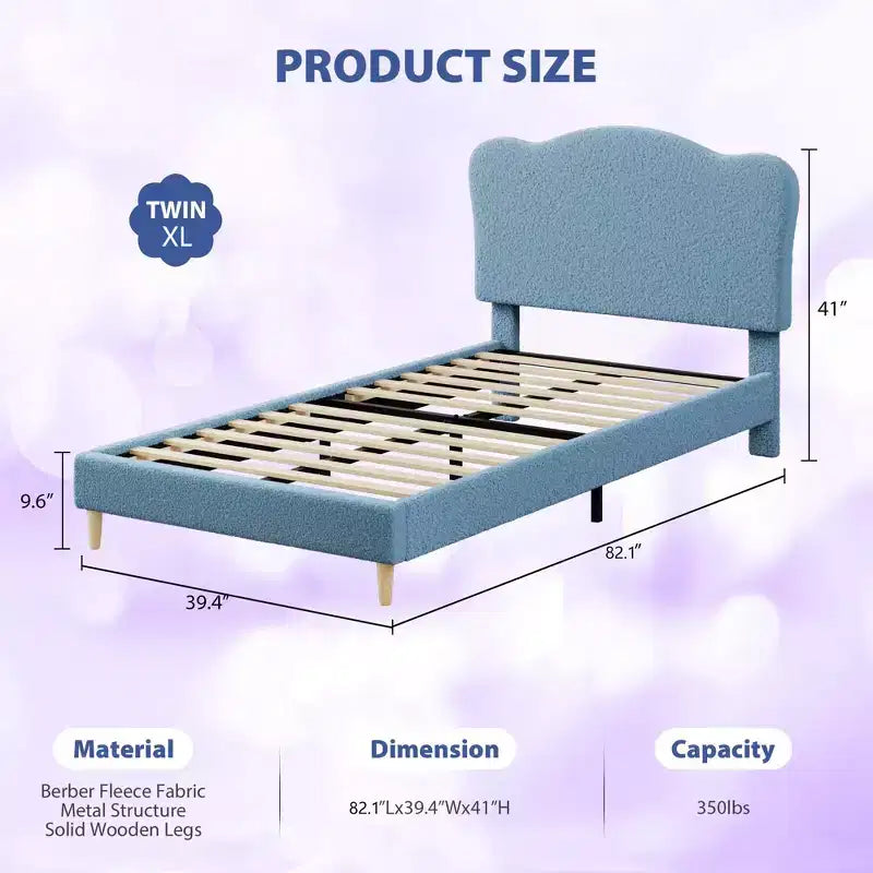 Cadre de lit pour enfants avec tête de lit festonnée, lit jumeau mignon en velours pour filles, garçons, lit plateforme robuste, pas besoin de sommier tapissier, lattes en bois, silencieux