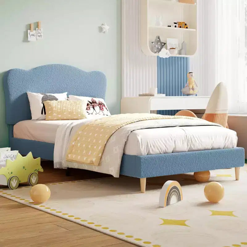 Cadre de lit pour enfants avec tête de lit festonnée, lit jumeau mignon en velours pour filles, garçons, lit plateforme robuste, pas besoin de sommier tapissier, lattes en bois, silencieux