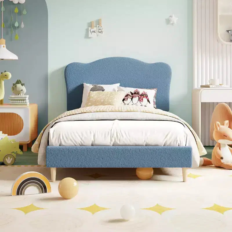 Cadre de lit pour enfants avec tête de lit festonnée, lit jumeau mignon en velours pour filles, garçons, lit plateforme robuste, pas besoin de sommier tapissier, lattes en bois, silencieux