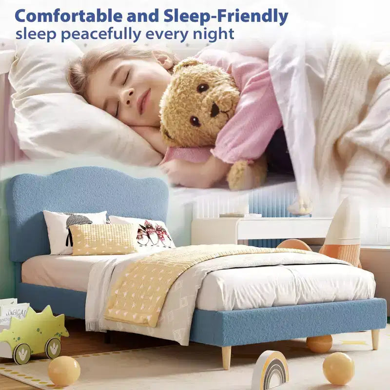 Cadre de lit pour enfants avec tête de lit festonnée, lit jumeau mignon en velours pour filles, garçons, lit plateforme robuste, pas besoin de sommier tapissier, lattes en bois, silencieux