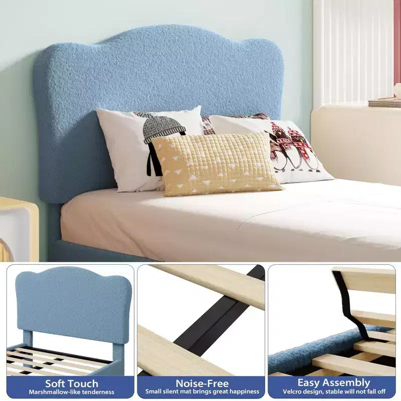 Cadre de lit pour enfants avec tête de lit festonnée, lit jumeau mignon en velours pour filles, garçons, lit plateforme robuste, pas besoin de sommier tapissier, lattes en bois, silencieux