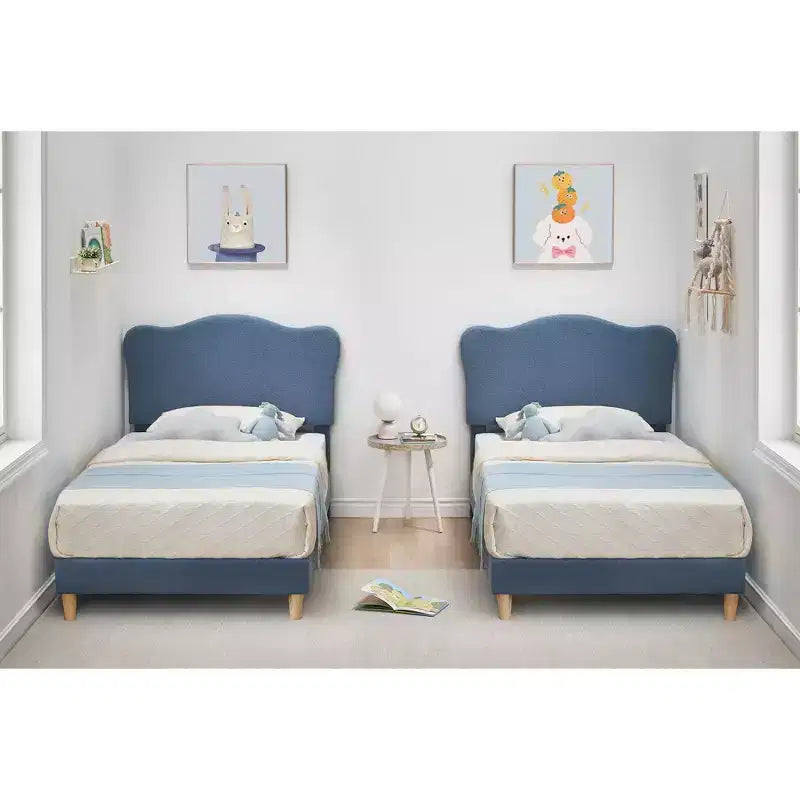 Cadre de lit pour enfants avec tête de lit festonnée, lit jumeau mignon en velours pour filles, garçons, lit plateforme robuste, pas besoin de sommier tapissier, lattes en bois, silencieux
