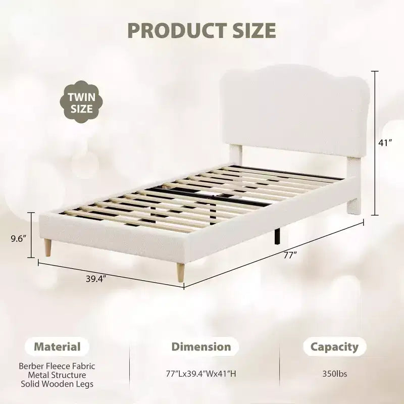 Cadre de lit pour enfants avec tête de lit festonnée, lit jumeau mignon en velours pour filles, garçons, lit plateforme robuste, pas besoin de sommier tapissier, lattes en bois, silencieux