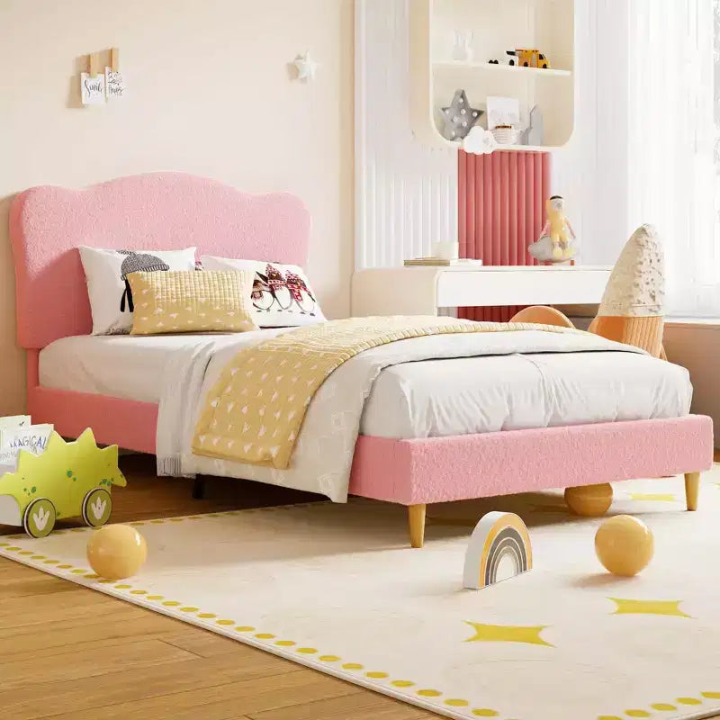 Cadre de lit pour enfants avec tête de lit festonnée, lit jumeau mignon en velours pour filles, garçons, lit plateforme robuste, pas besoin de sommier tapissier, lattes en bois, silencieux