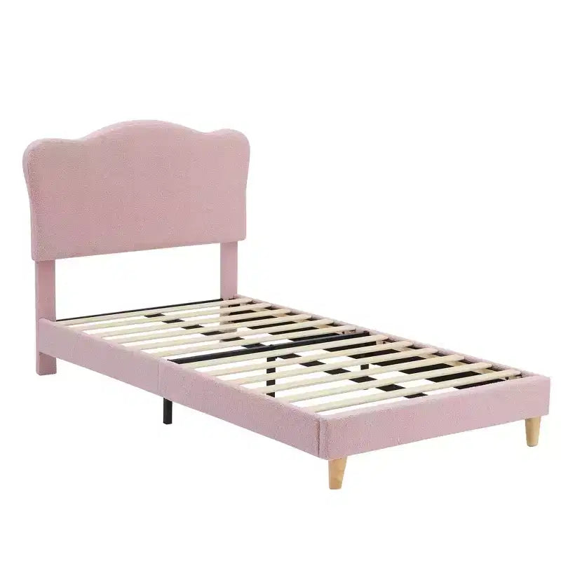 Cadre de lit pour enfants avec tête de lit festonnée, lit jumeau mignon en velours pour filles, garçons, lit plateforme robuste, pas besoin de sommier tapissier, lattes en bois, silencieux