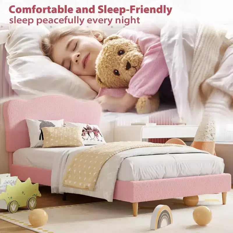 Cadre de lit pour enfants avec tête de lit festonnée, lit jumeau mignon en velours pour filles, garçons, lit plateforme robuste, pas besoin de sommier tapissier, lattes en bois, silencieux