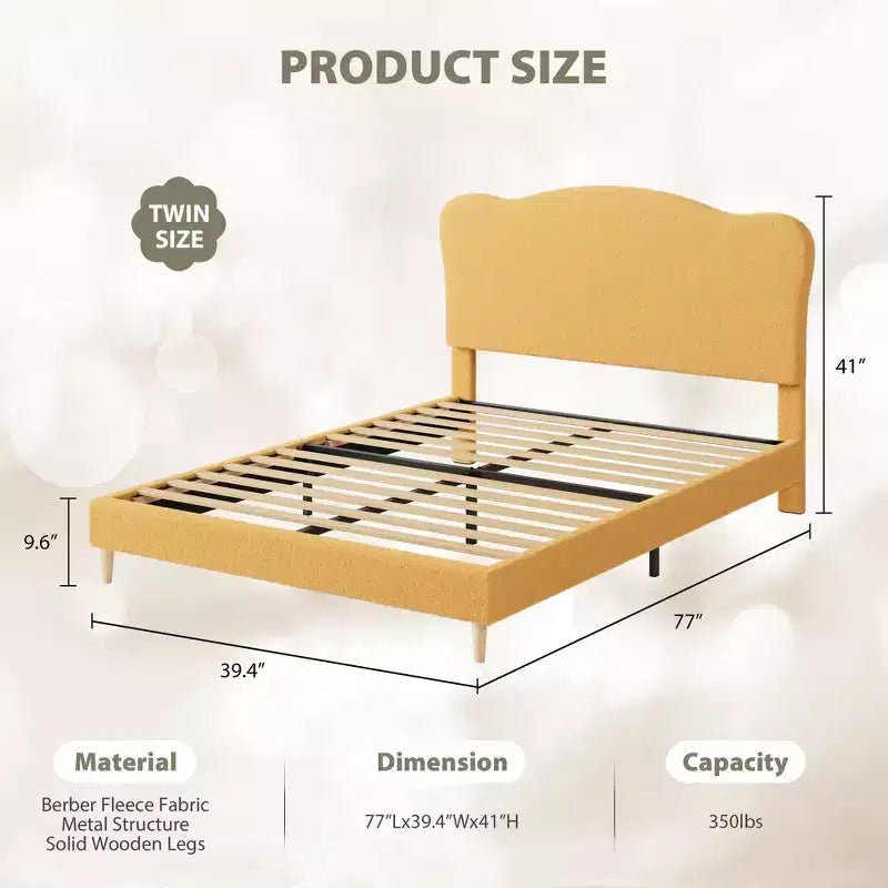 Cadre de lit pour enfants avec tête de lit festonnée, lit jumeau mignon en velours pour filles, garçons, lit plateforme robuste, pas besoin de sommier tapissier, lattes en bois, silencieux