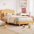 Cadre de lit pour enfants avec tête de lit festonnée, lit jumeau mignon en velours pour filles, garçons, lit plateforme robuste, pas besoin de sommier tapissier, lattes en bois, silencieux