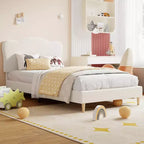 Cadre de lit pour enfants avec tête de lit festonnée, lit jumeau mignon en velours pour filles, garçons, lit plateforme robuste, pas besoin de sommier tapissier, lattes en bois, silencieux