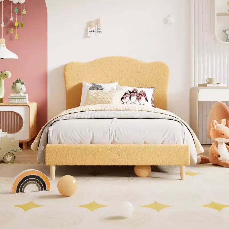 Cadre de lit pour enfants avec tête de lit festonnée, lit jumeau mignon en velours pour filles, garçons, lit plateforme robuste, pas besoin de sommier tapissier, lattes en bois, silencieux