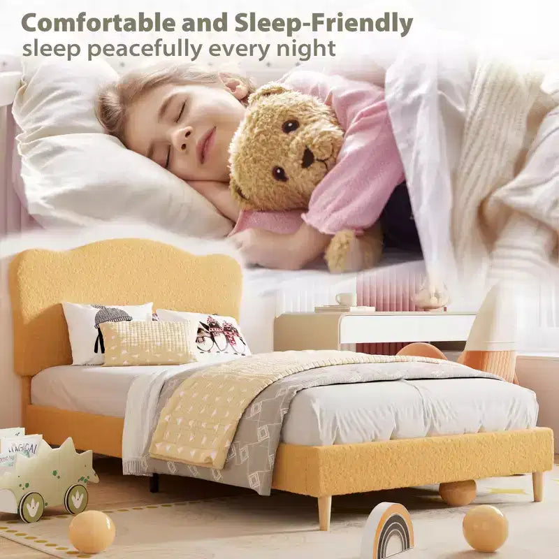 Cadre de lit pour enfants avec tête de lit festonnée, lit jumeau mignon en velours pour filles, garçons, lit plateforme robuste, pas besoin de sommier tapissier, lattes en bois, silencieux