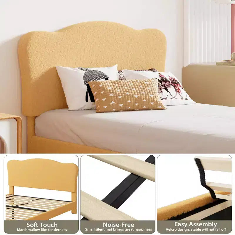 Cadre de lit pour enfants avec tête de lit festonnée, lit jumeau mignon en velours pour filles, garçons, lit plateforme robuste, pas besoin de sommier tapissier, lattes en bois, silencieux