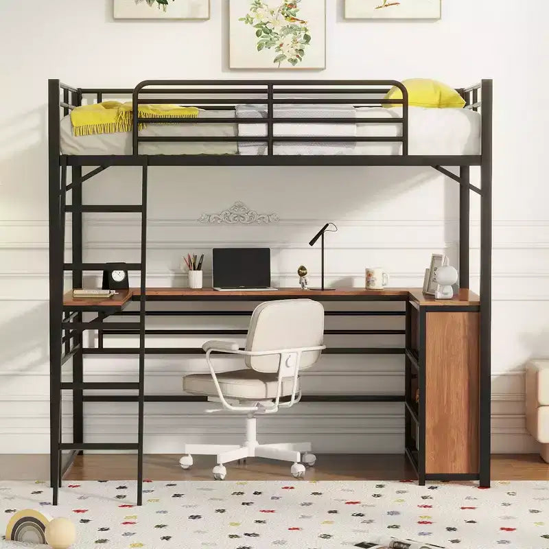 Lit mezzanine double/grand format en métal avec 3 niveaux d'étagères et bureau en L - ModernLuxe
